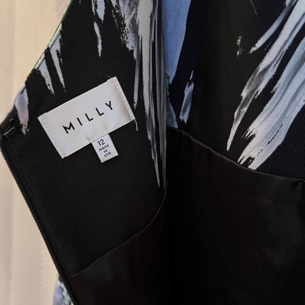 Milly Black Floral-Print Midi Dress with Green and White Brushstroke Accents - Picture 7 of 14